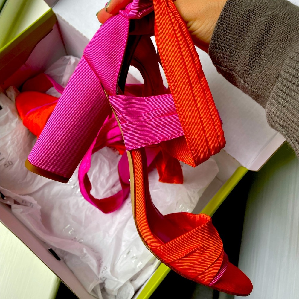 COPY - *NEVER WORN* Gianni Binni Astraah Casey Pop Pink / Orange Wrap Heels SIZ…